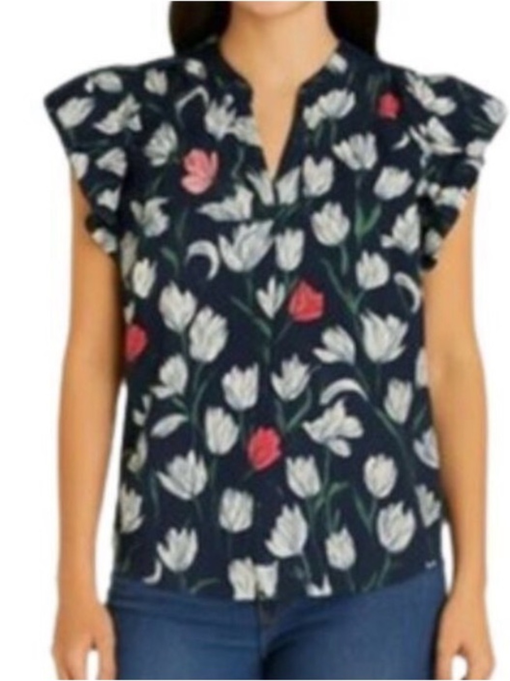 TROVATA Birds of Paradise- Beautiful Navy Tulip Cap Sleeve Blouse